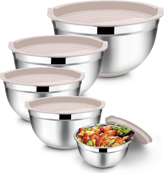 TeamFar Khaki Mixing Bowls, Stainless Steel Metal Nesting Salad Bowls with Airtight Lids Set of 5, Healthy & Heavy Duty,