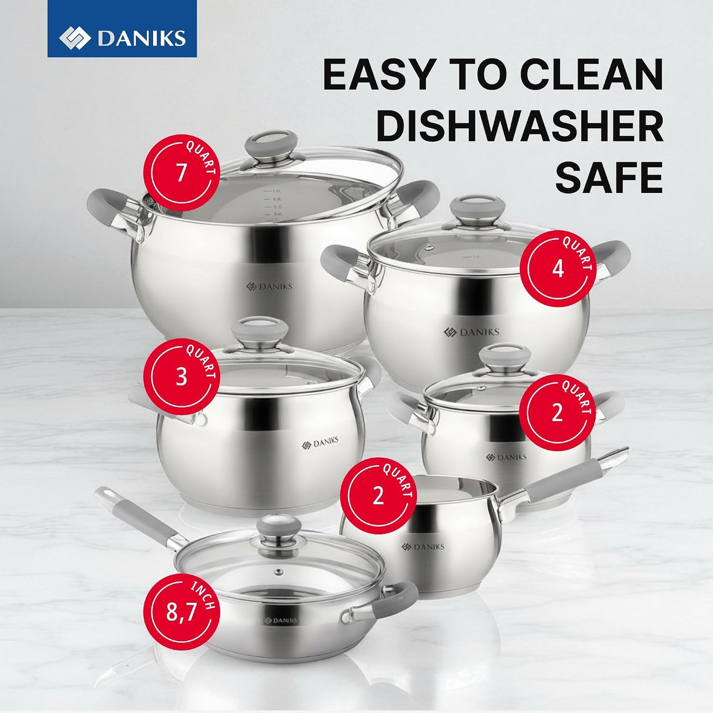 Daniks Modern 11-Piece Stainless Steel Cookware Set with Glass Lids, Includes Saucepan and Frying Pan with Lid, Tri-Ply