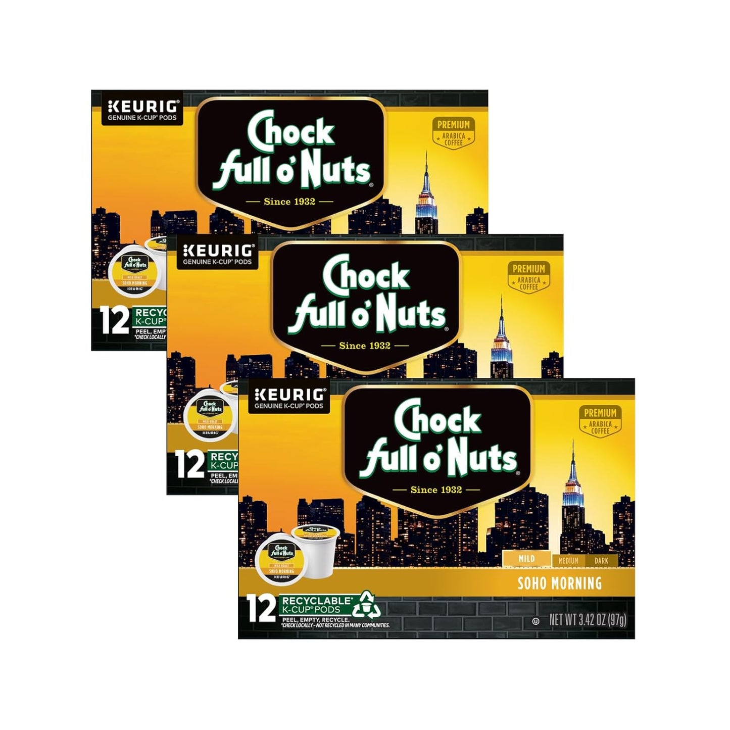 Chock Full o'Nuts Soho Morning Coffee, Mild Roast, Compatible with K-Cup Pods, 12 CT (Pack of 3)