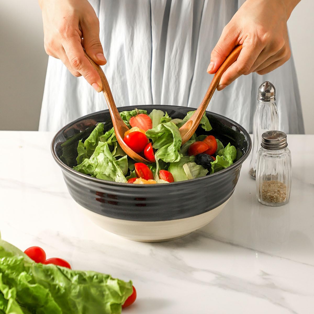 HASENSE Large Porcelain Serving Bowls Set of 2, 60 Oz 8.5 Inch Black &amp; Beige Stoneware Mixing Bowls, Farmhouse Bowls for Salad, Soup &amp; Pasta, Dishwasher &amp; Microwave Safe