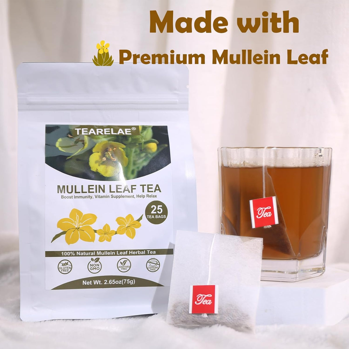 TEARELAE - Mullein Tea Bags For Lungs - 3g X 25 Count | Premium Compressed Mullein Leaves, Non-GMO, Caffeine-free, Earthy, Soothing Throat Herbal Tea for Respiratory Support