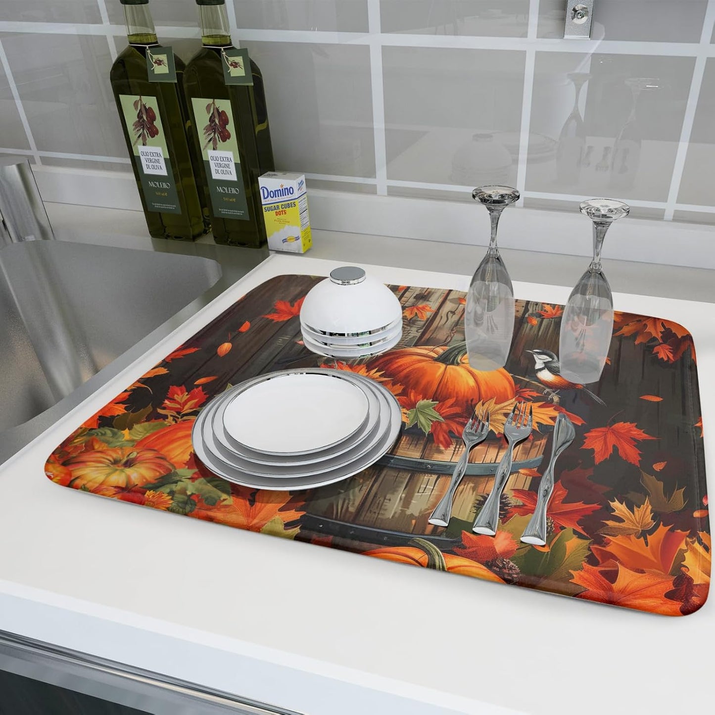 Fall Pumpkin Dish Drying Mat for Kitchen Counter 18x24 Inch Autumn Maple Leaves Microfiber Drying Mats Absorbent Reversible Thanksgiving Day Dish Pad