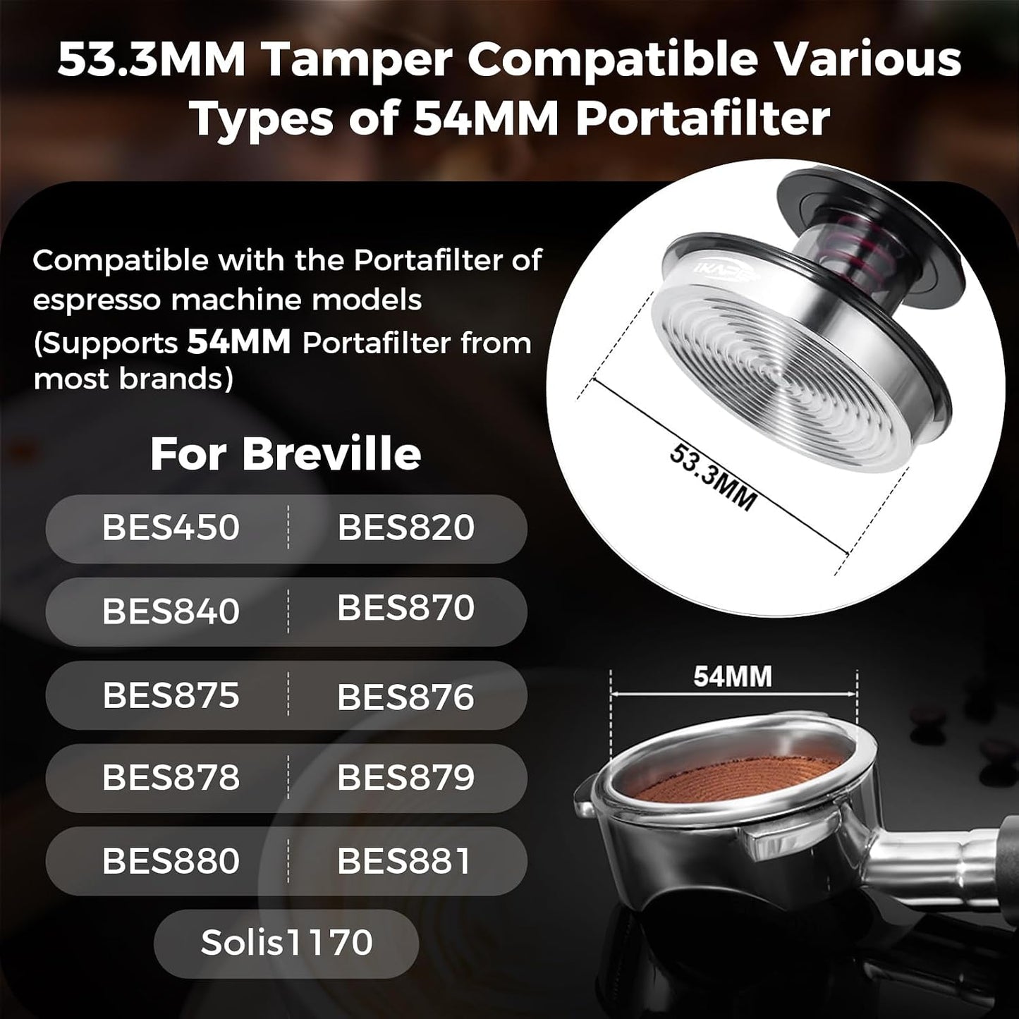 IKAPE 53mm Semi-Transparent Coffee Tamper for Espresso, Spring Calibrated with Threaded Premium Stainless Steel Base, Suitable for 54mm Breville Bottomless Portafilters(New Upgrade)