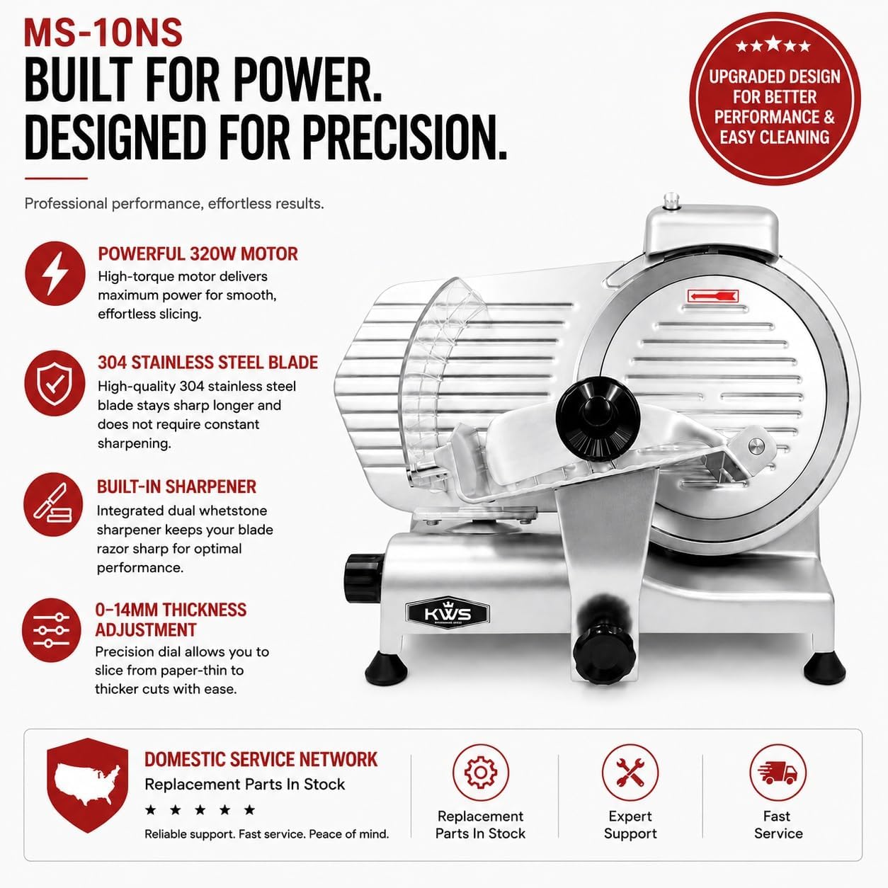 KWS 10NS Commercial 10" Electric Meat Slicer, 320W High-Torque Motor, Stainless Steel Blade, Deli-Style Thin Slicing, Built-In Sharpener, Heavy-Duty Aluminum Body for Meat, Cheese &amp; Semi-Frozen Foods