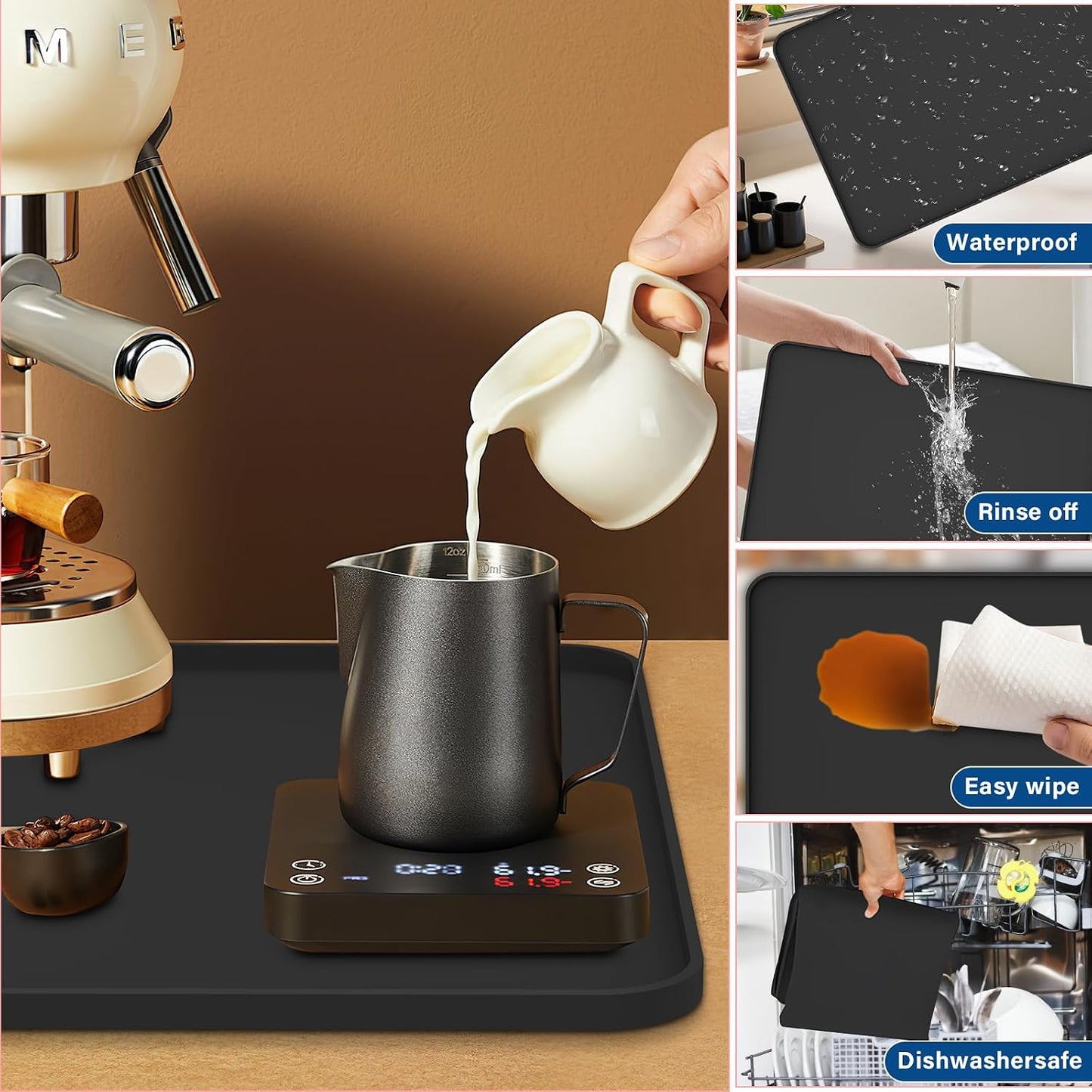 Coffee Mat, 19" x 12" Silicone Coffee Bar Mat, Non-Slip Espresso Machine Mat with 0.44" Raised Edges, Waterproof Heat Resistant Countertop Protector, Dishwasher Safe