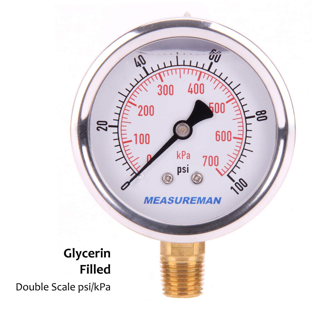 MEASUREMAN Pressure Gauge 1/4 NPT, 0-100psi/kPa Glycerin Filled Pressure Gauge with 2.5 Inch Dial Size and 304 Stainless Steel Case (0-100 psi, Lower Mount)