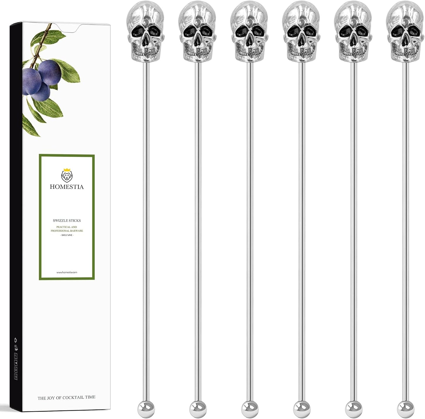Homestia 6 Pcs 7.5'' Metal Stir Sticks, Cocktail Stirrers, with Skull Decor | Reusable Stainless Steel Coffee Stirrers, Gothic Skull Beverage Drink Stirring Mixer Tools for Halloween Party Bars Home Use