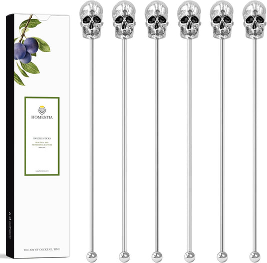 Homestia 6 Pcs 7.5'' Metal Stir Sticks, Cocktail Stirrers, with Skull Decor | Reusable Stainless Steel Coffee Stirrers, Gothic Skull Beverage Drink Stirring Mixer Tools for Halloween Party Bars Home Use