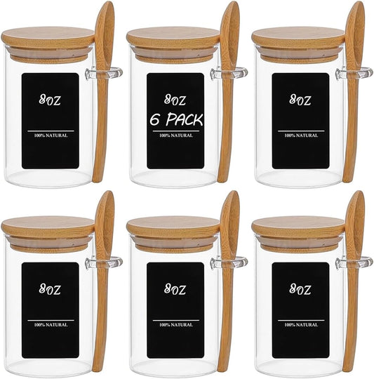ComSaf Spice Jars with Spoon 8 oz 6Pack, Small Spice Containers Starter Set, Glass Seasoning Jars with Labels, Round