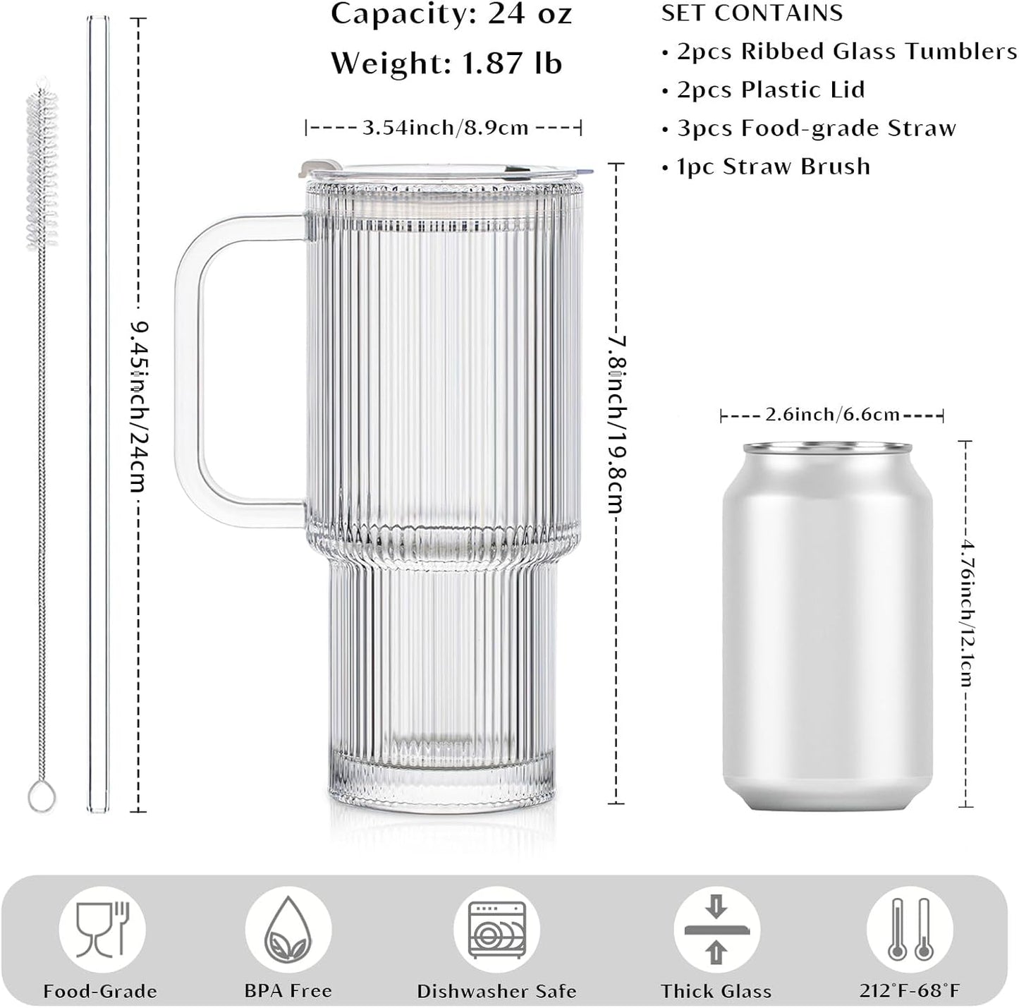 INSETLAN 24 oz Ribbed Glass Tumbler with Handle, 2-Pack Iced Coffee Cups | Modern Glass Cups with Lids and Straws for Cold &amp; Hot Beverages, Aesthetic Travel Cup for Smoothies, Tea, and Juice