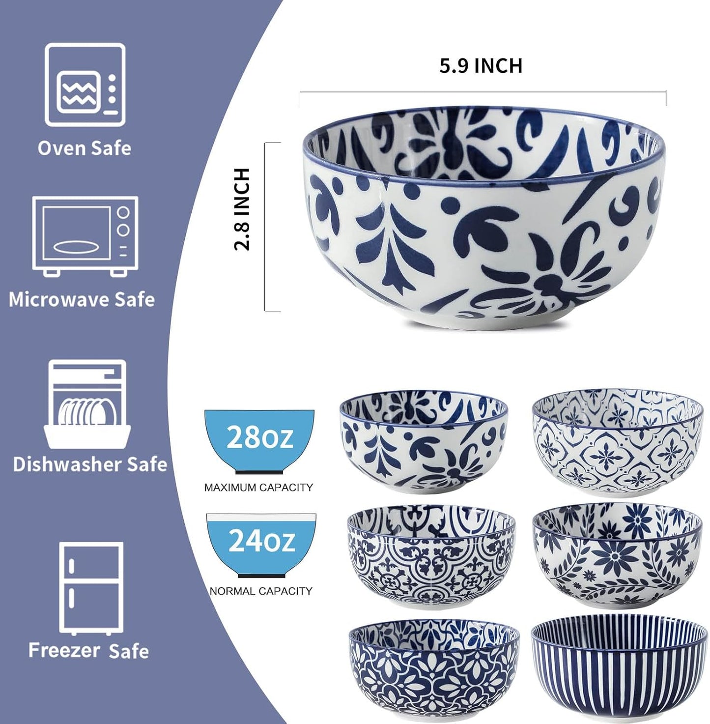 Cereal Bowls, 28 Ounce Ceramic Soup Bowls Set of 6, Large Bowl Set for Rice Salad Fruit Dessert Oatmeal Snack Ice Cream,Microwave &amp; Dishwasher Safe, Blue &amp; White