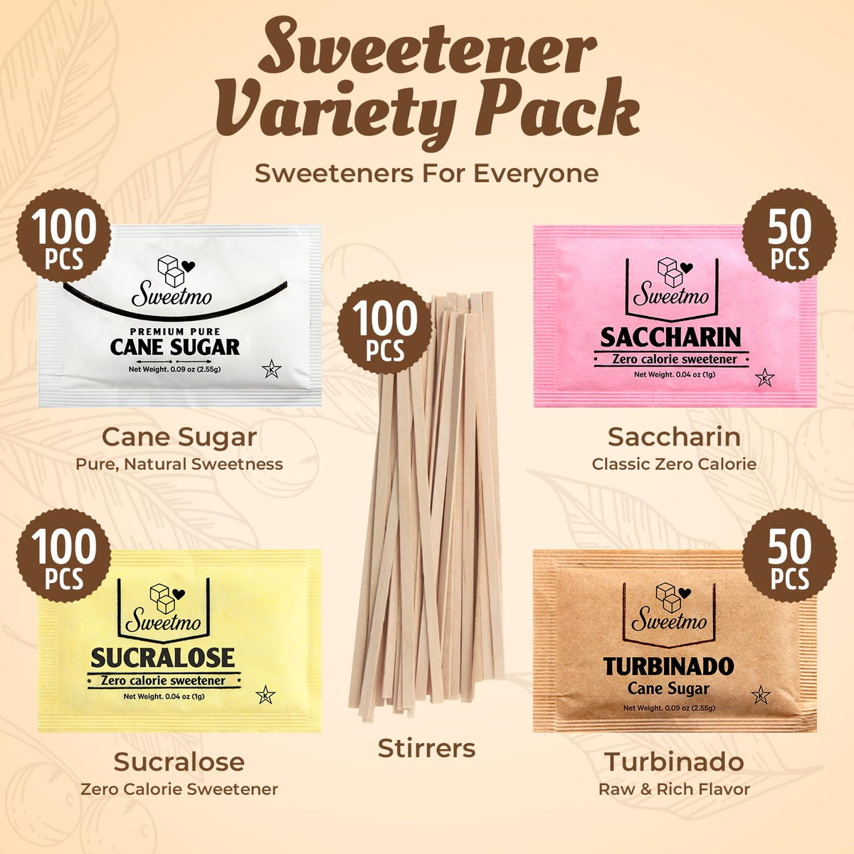 Sweetmo Sugar Packets Variety Pack - Sucralose, Raw Sugar, Saccharin, Cane Sugar with Wooden Stirrers - 400 Count for Coffee, Tea, Office Breakrooms, Home &amp; Airbnb