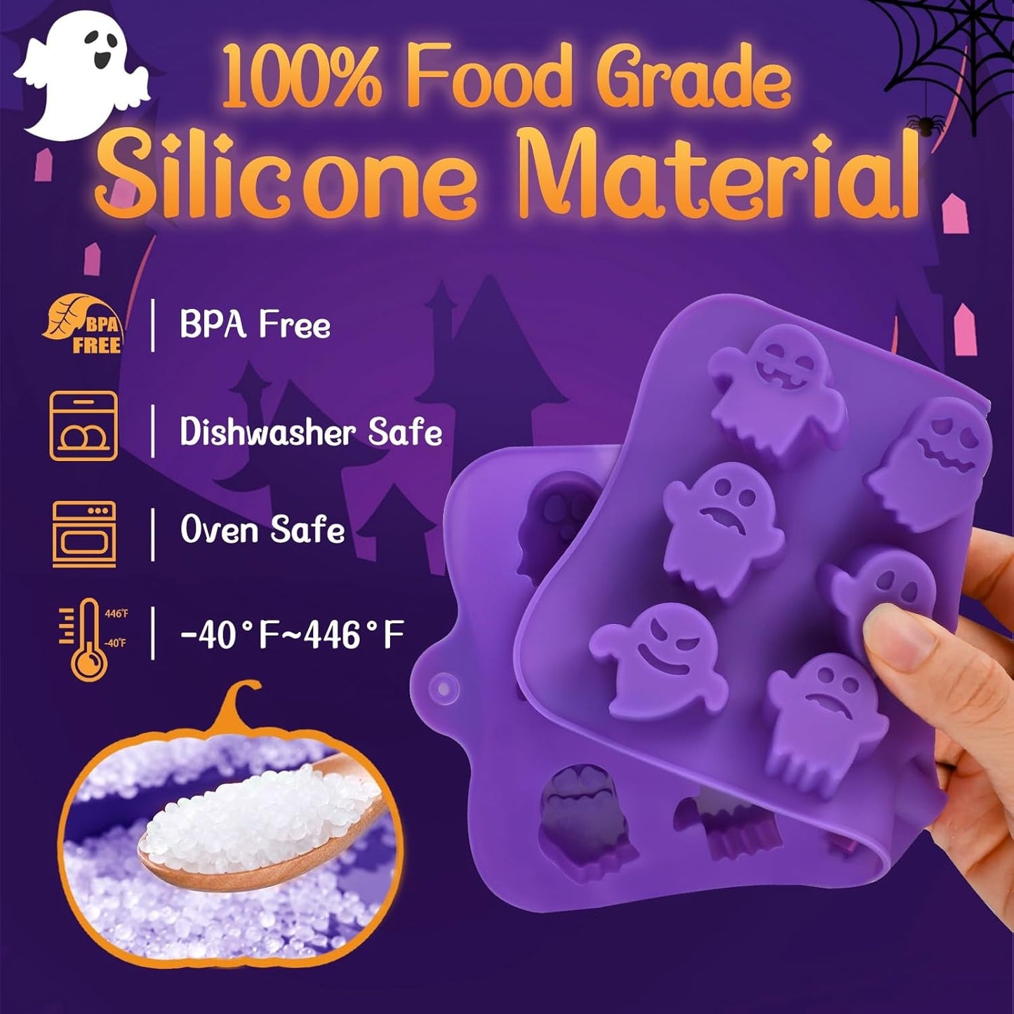 Joersh Halloween Chocolate Silicone Molds, 4PCS Pumpkin Ghost Shaped Candy Mold Non Stick Baking Pan for DIY Chocolate, Fondant, Jello, Gummy, Candy