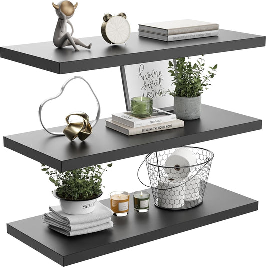 Wall Shelf Set of 3, Black Floating Shelves 30 in W x 10 in D x 1 in H, Wooden Floating Wall Shelf with Invisible Brackets