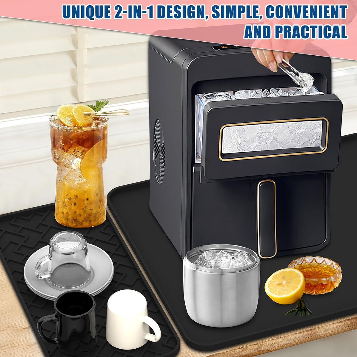 Coffee Mat, 19" x 12" Silicone Coffee Bar Mat, Non-Slip Espresso Machine Mat with 0.44" Raised Edges, Waterproof Heat Resistant Countertop Protector, Dishwasher Safe