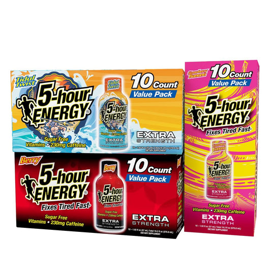 5-Hour Energy Extra Strength Shots Variety Pack, 30 Count (1.93 fl oz) - Extra Strength Berry, Tidal Twist, Strawberry