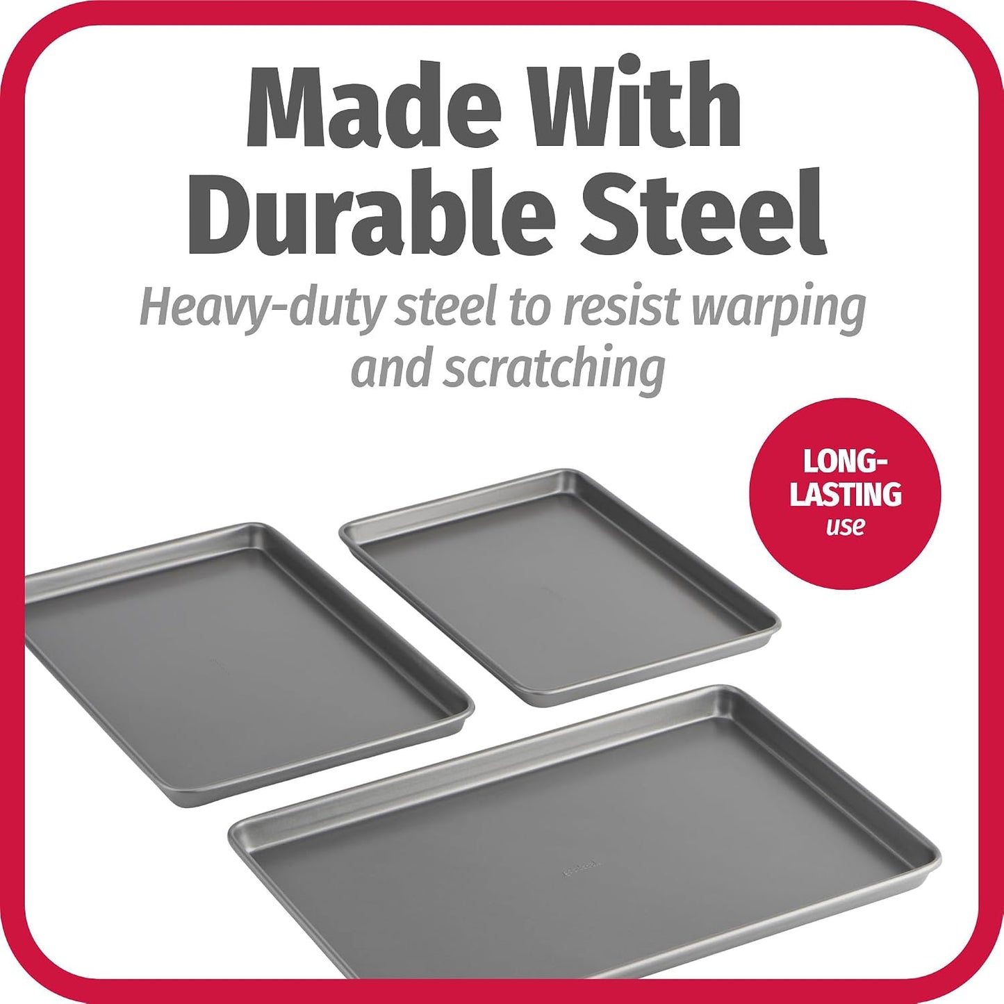 GoodCook Everyday Nonstick Baking Sheet Set, 3 Pack Includes Small (13×9) Medium (15×1) and Large (17×11) Pans Carbon Steel Construction Cookie Sheets Bakeware Set, Gray