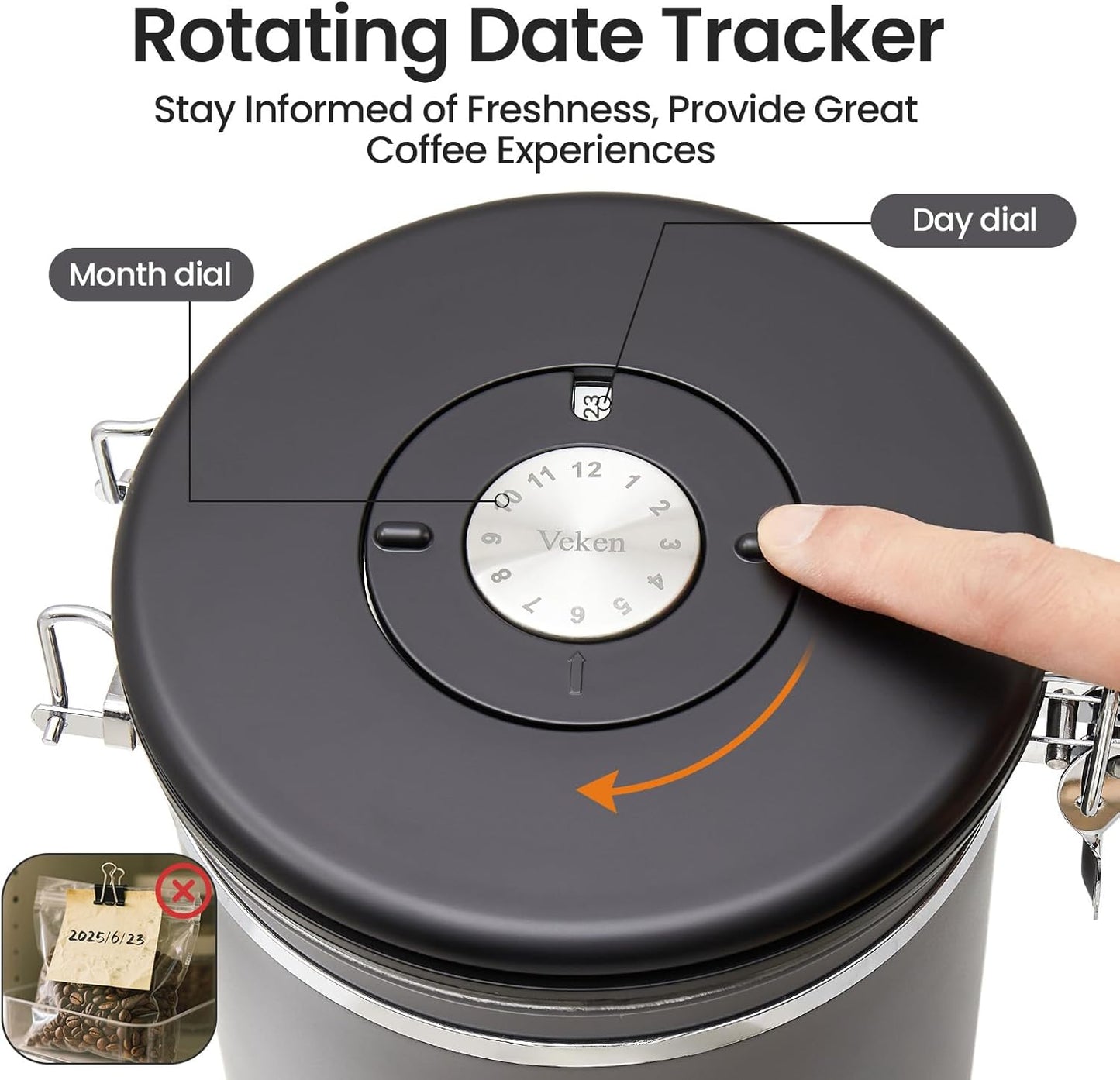 Veken Coffee Canister, Airtight Stainless Steel Food Storage Container,16OZ | Date Tracker, Kitchen Jars for Beans,Ground, Espresso, Rice,Tea, Sugar,Cereal,Cookie, Bar Accessories,Gifts, Lids, Scoop,Gray