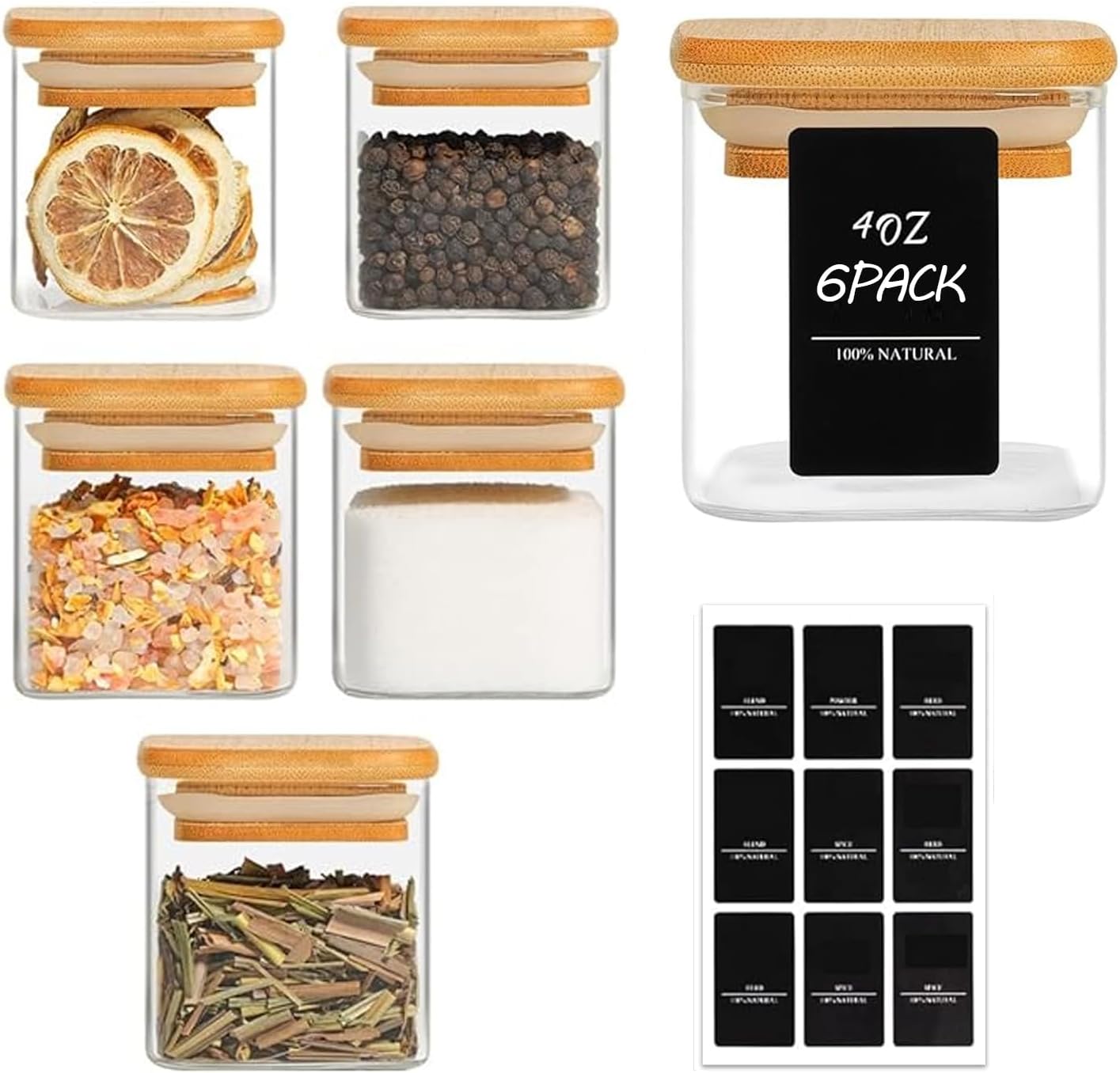 ComSaf Spice Jars with Labels 4 oz 6Pack, Small Spice Containers Starter Set, Glass Seasoning Jars w