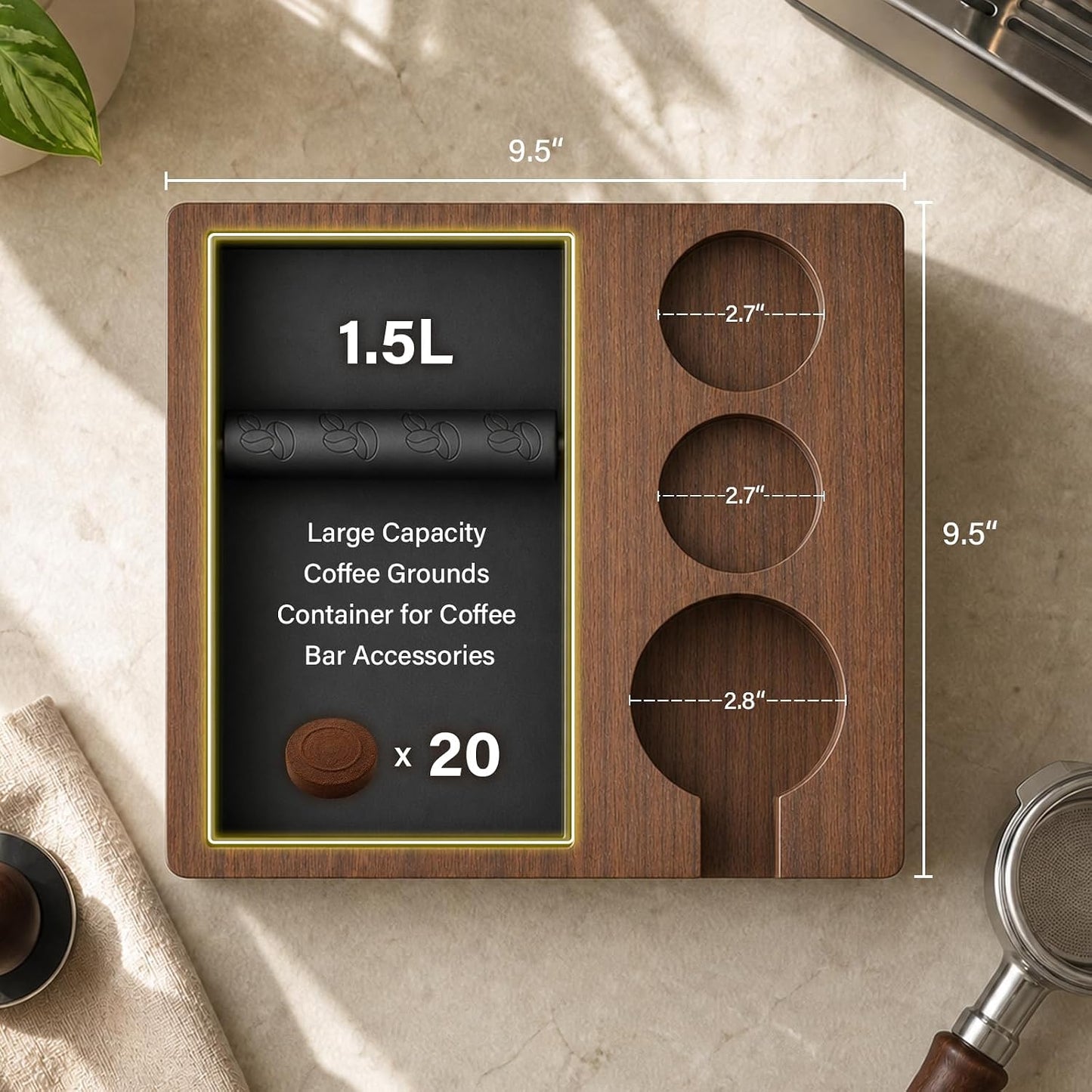 Coffee Knock Box for 58mm Portafilter - 4-in-1 Natural Walnut Espresso Tamping Station, Distributor &amp; Tamper Holder, 1.5L Large Capacity Coffee Grounds Container for Coffee Bar Accessories