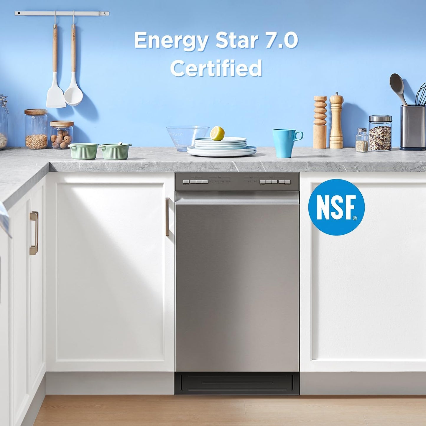 Midea 18 Inch Built-in Dishwasher, Slim Space-Saving Design with 8 Place Settings, 6 Washing Programs &amp; Stainless Steel Tub, Energy Star Certified Dishwasher with Heated Dry &amp; High Temp Wash, Silver