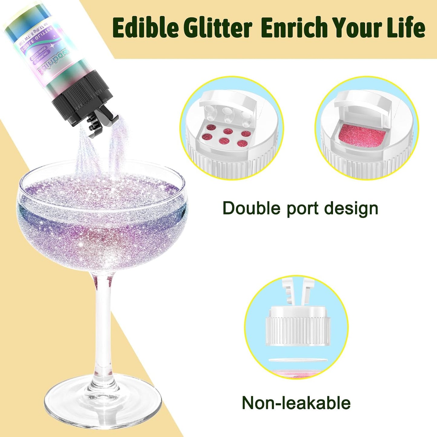 Edible Glitter - 15 Popular Colors Edible Glitter for Cocktails, Food Grade Luster Dust, Iridescent Shimmer Powder for Cake Decorations, Drinks, Baking, Dessert - 3 Particle Sizes - 5g/Bottle