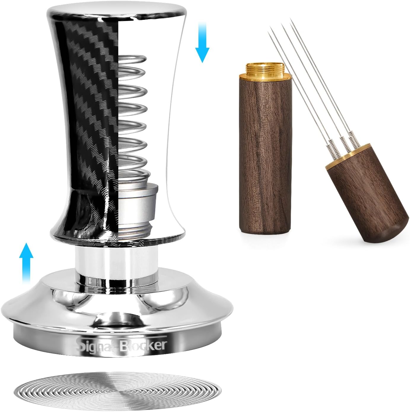 58mm Espresso Coffee Tamper for Espresso Machine: Calibrated Spring Loaded &amp; Stainless Steel Ripple Base - Carbon Fiber Handle with Constant 30lb Fits All 58mm Portafilters | Bundle Including WDT Tool