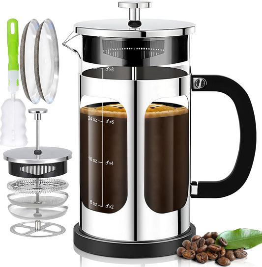 French Press Coffee Maker (34oz 1Quart 5-6Cup) Coffee Press, with 4 Filters System, Heat Resistant Thickness Borosilicate Glass, Cold Brew Coffee Tea Pot Gifts (Silvery)