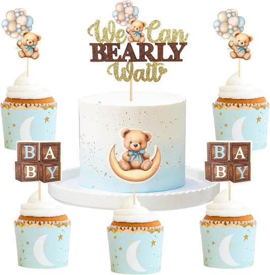 MEMOVAN Bear Baby Shower Cupcake Topper 25pcs We Can Bearly Wait Cake Cupcake Topper Bear Cake Cupcake Decoration for Baby