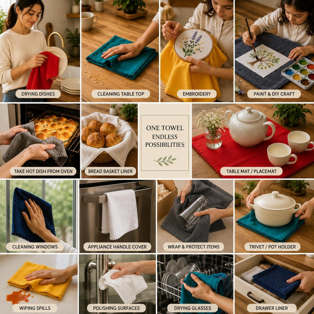 TARAN LIVING Kitchen Towels 100% Cotton Dish Towels Set of 6, Assorted Tea Towels Absorbent Hand Towels with Hanging Loop, 18x28 Inch Kitchen Dish Cloths for Drying, Blanks for Embroidery &amp; Craft