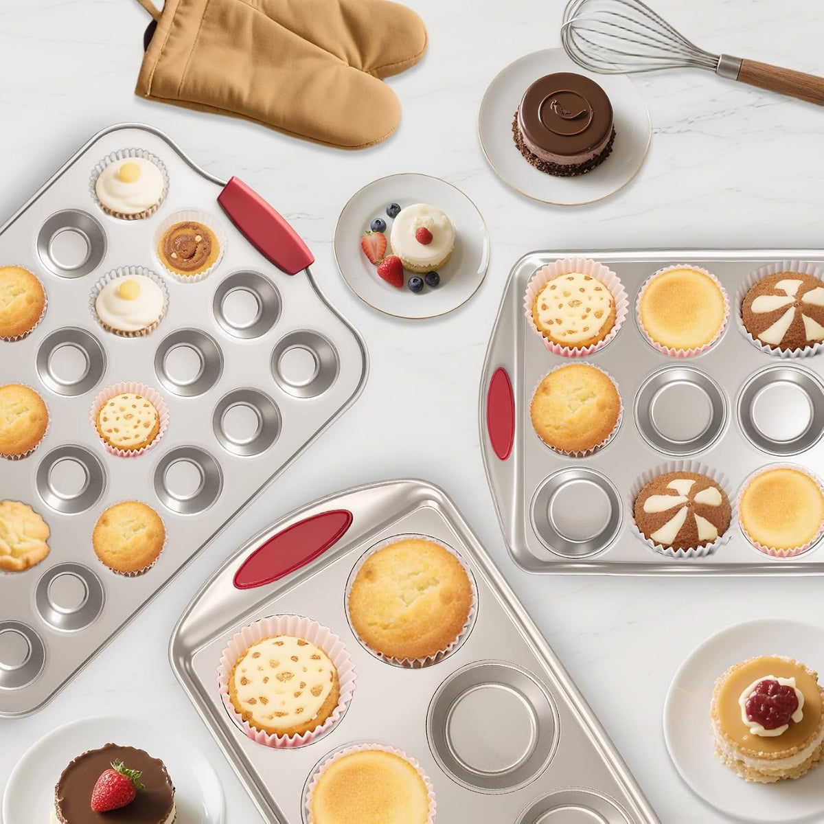 24 Cup Mini Cupcake Pan with Silicone Handles, Non-Stick Mini Muffin Pan, Baking Molds for Mini Cupcakes, Muffins, Quiches, Carbon Steel Mini Baking Pan, Dishwasher Safe (2 Pack)