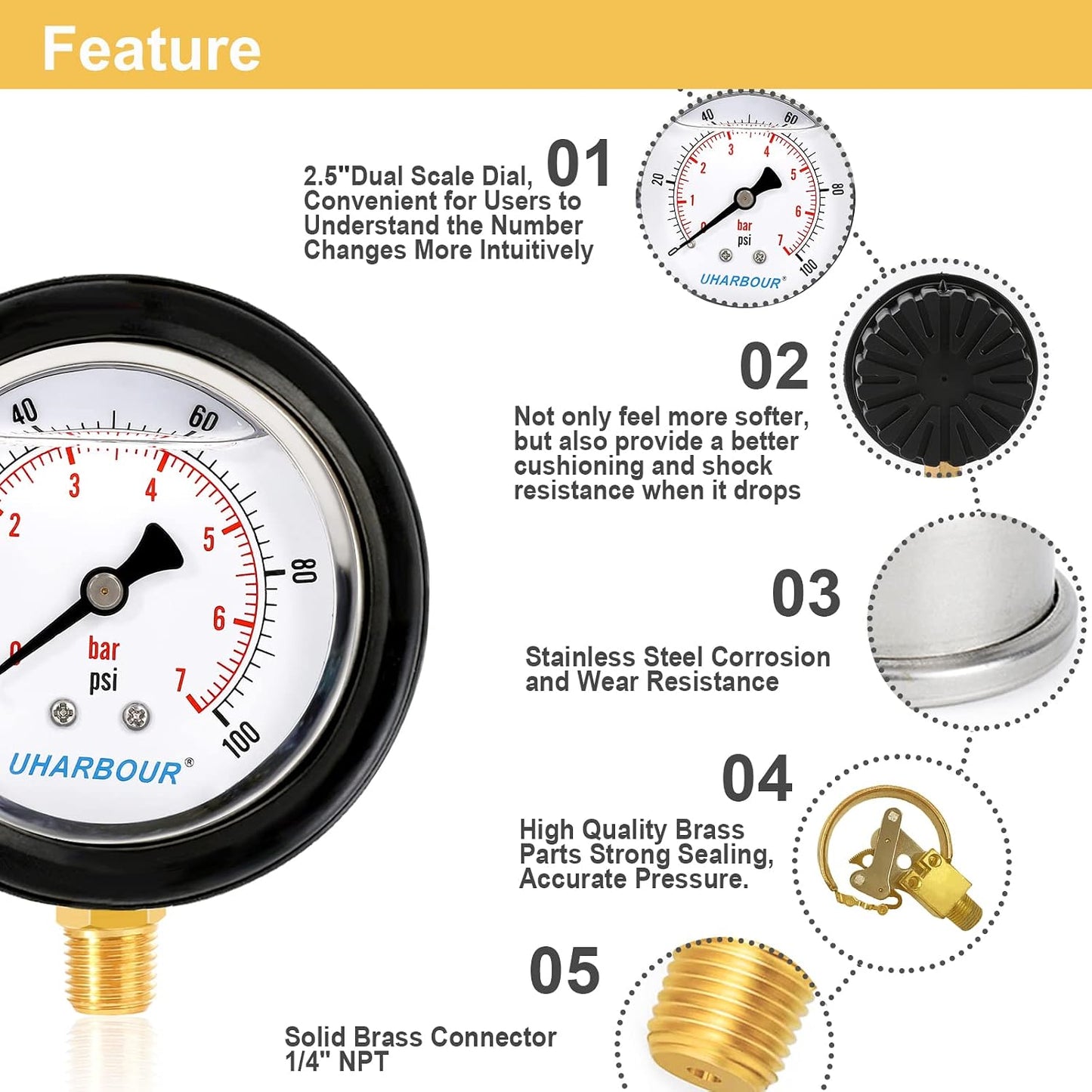 UHARBOUR Water Pressure Gauge 0-100PSI, 2-1/2" Liquid Filled Dial