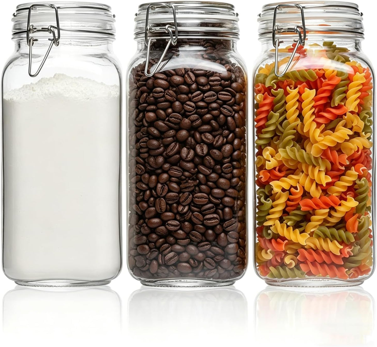 ComSaf Airtight Glass Jars with Lids 78oz Set of 3, Food Storage Canister Square - Storage Container with Clear Preserving Seal Wire Clip Fastening for Kitchen Canning Flour, Cereal, Pasta, Beans