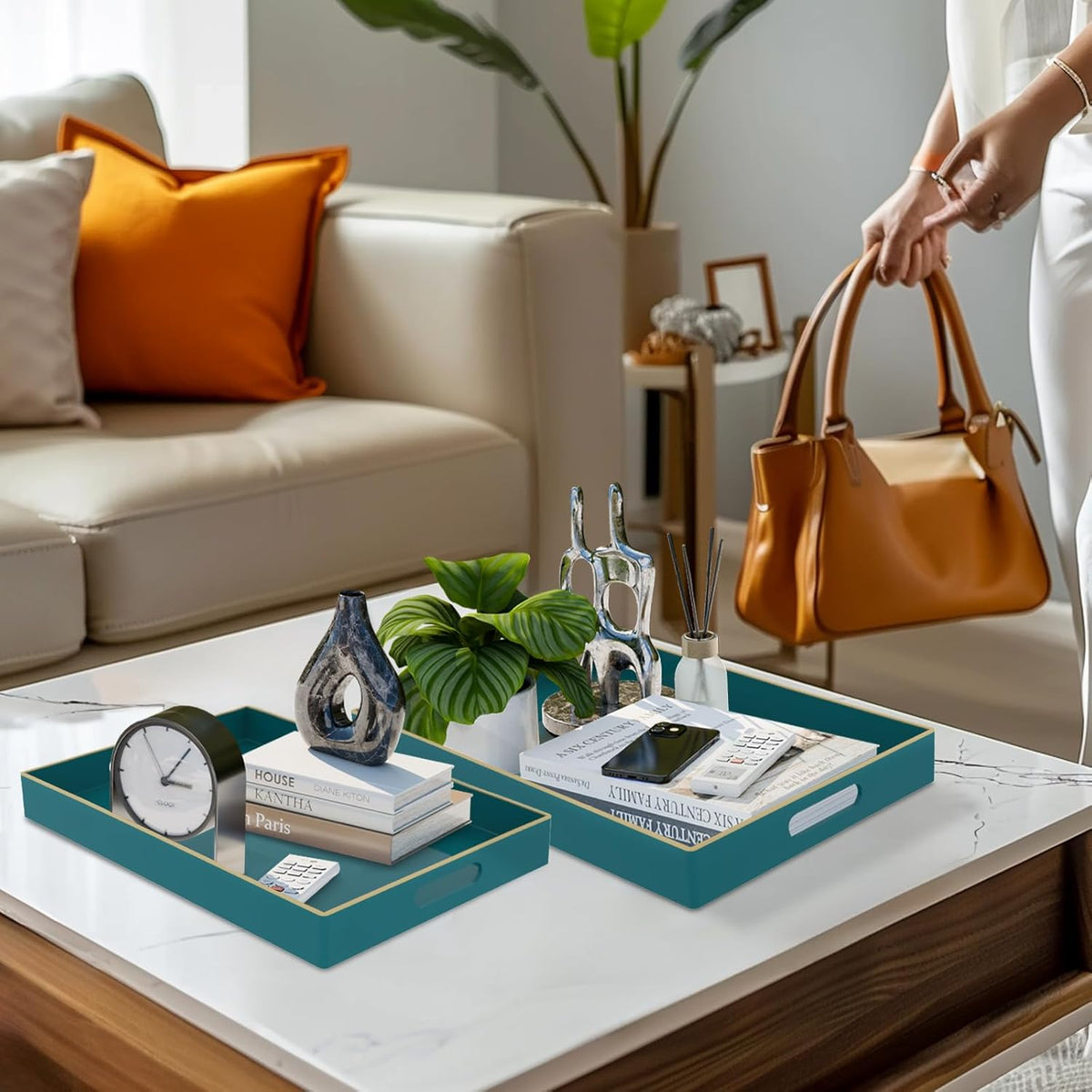 MAONAME Green Serving Tray with Handles, Plastic Decorative Tray Set of 2 | Decorative Tray for Coffee Table, Modern Ottoman Tray, Rectangle Melamine Tray for Living Room, 15.8"L x 10.2"W x 1.4"H