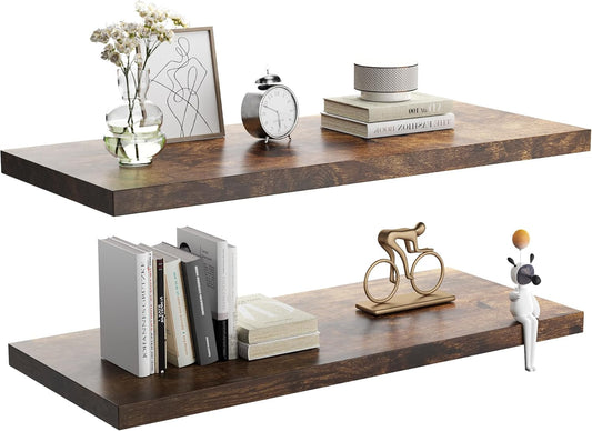 Wall Shelf Set of 2, Rustic Brown Floating Shelves 30 in W x 10 in D x 1 in H, Wooden Floating Wall Shelf with Invisible