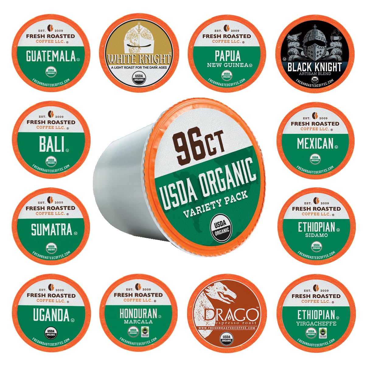 Fresh Roasted Coffee, Organic Single Origin Variety Pack K-Cup Pods for Keurig Brewers, Medium Roast, USDA Organic, Kosher, 96 Count Loose Pack