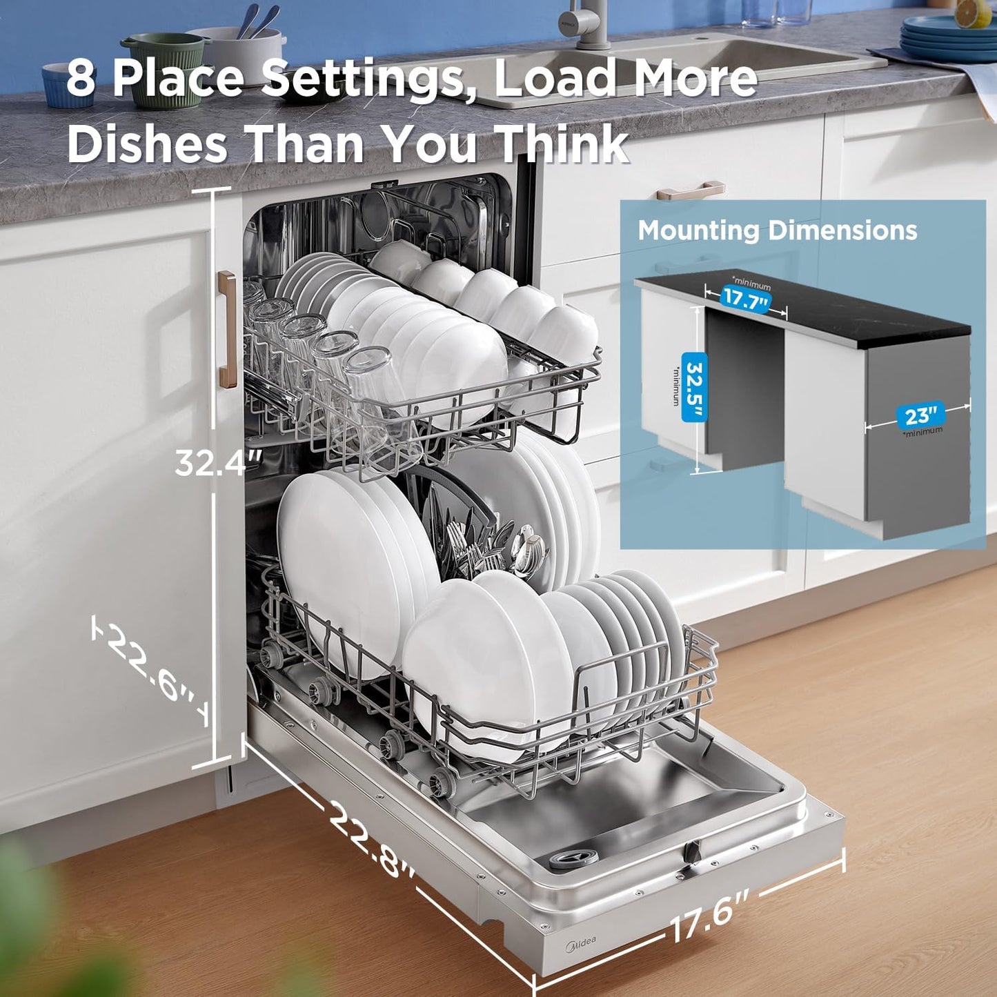 Midea 18 Inch Built-in Dishwasher, 8 Place Settings, Stainless Steel Tub | 6 Washing Cycles, Energy Star Certified with Heated Dry &amp; High-Temp Wash, Slim Quiet for Apartments, and RVs, White