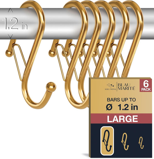 6-Pack Metal S Hooks for Hanging – Heavy-Duty S-Shaped Hook with Safety Buckle – Fits Bars up to 1.2 in – Anti-Drop S-Hooks for Closet, Wardrobes &amp; Storage – Golden (Large)