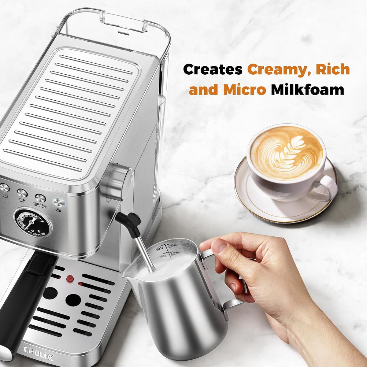 CHULUX Elite Espresso Machine for Latte, Americano and Iced Coffee, Silver
