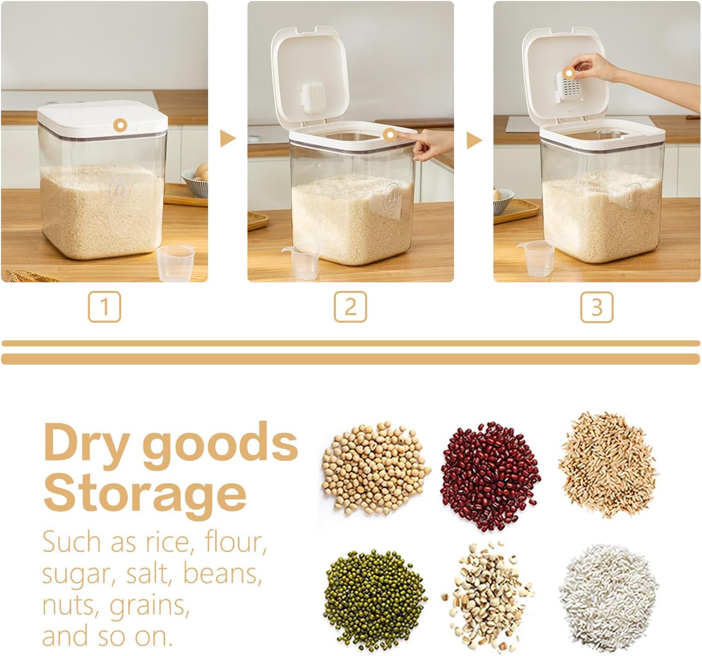 Rice Dispenser 10Lbs - Airtight with Measuring Cup, PET Material