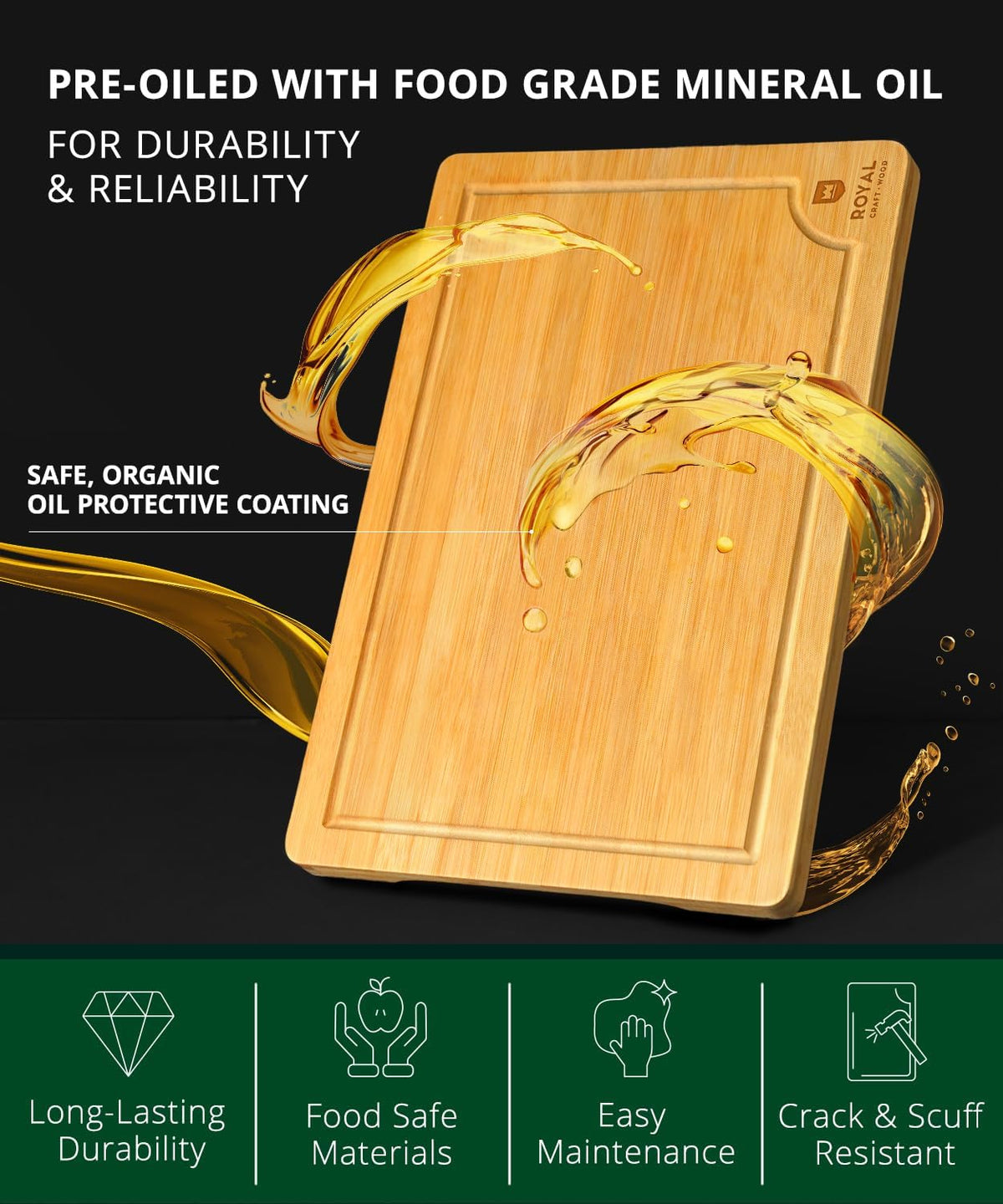 ROYAL CRAFT WOOD Wooden Cutting Boards for Kitchen Meal Prep &amp; Serving - Bamboo Wood Serving Board Set with Deep Juice Groove Side Handles - Charcuterie &amp; Chopping Butcher Block for Meat