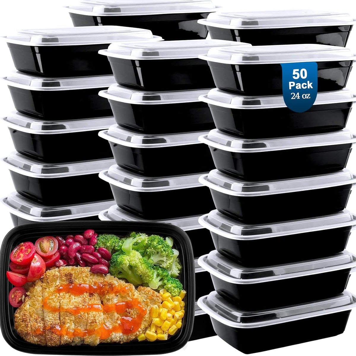 Meal Prep Containers 50 Pack - 2 Compartment Food Containers with Lids, To Go Food Containers BPA-Free, carry out Container With Lids Microwave, Dishwasher, Freezer Safe 30 oz