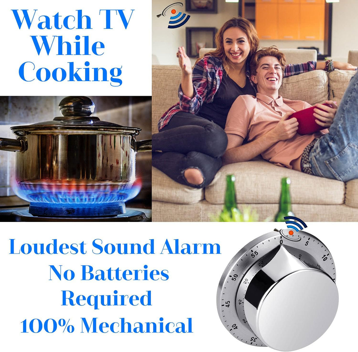 Albayrak Kitchen Timer, Chef Cooking Timer Clock with Loud Alarm, No Batteries Required, 100% Mechanical - Magnetic Backing, Exquisite Stainless Steel Body - Countdown Reminder - Silver 1Pack