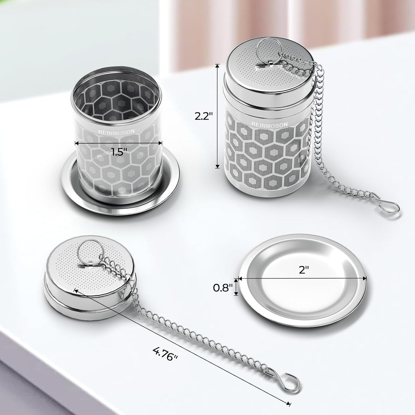2 Pack Reinmoson 304 Stainless Steel Tea Strainers for Loose Tea 1.5”x2.2”
