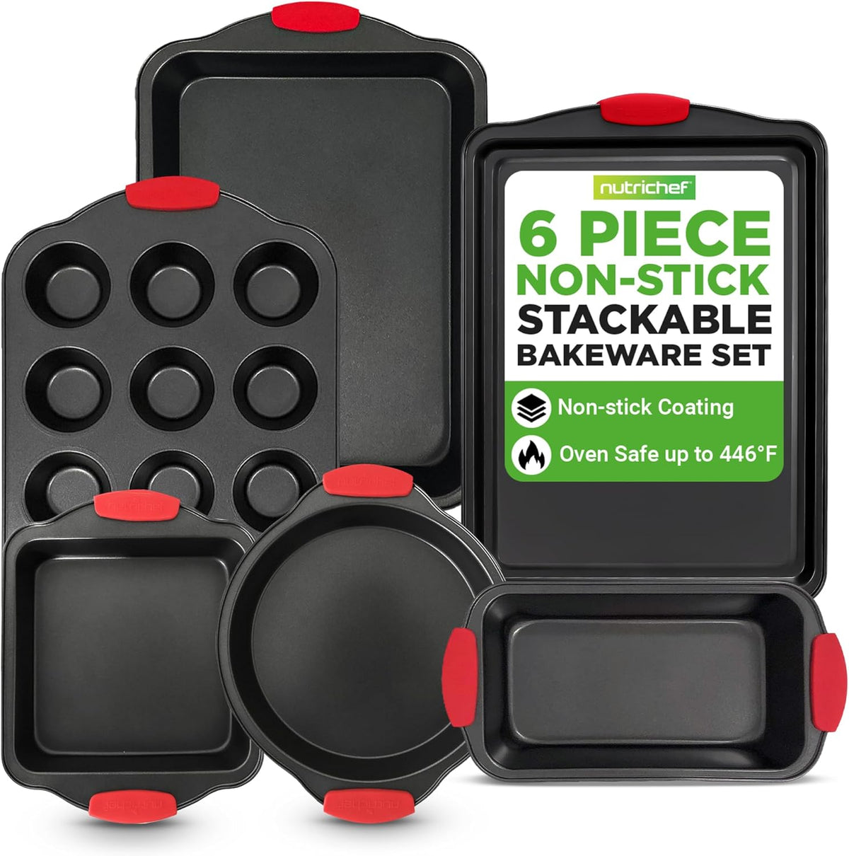 NutriChef Baking Pans Set - 6 Piece Bakeware with Nonstick Carbon Steel for Easy Release and Cleanup, Durable and Versatile Design, Includes Cookie Sheet, Loaf Pan, Muffin Tin &amp; More