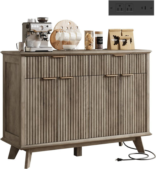 QUW Fluted Buffet Sideboard Cabinet with Storage, 47.2" Kitchen Cabinet with Drawers and Adjustable Shelves, Modern Coffee