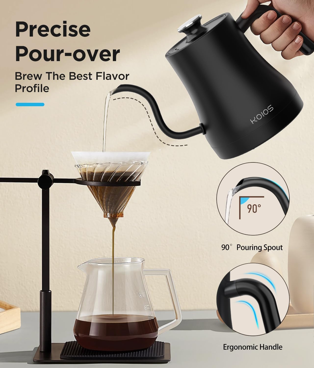 KOIOS Gooseneck Electric Kettle, ±1℉ Temp Control, Mute Mode, 4H Keep Warm | 0.8L Pour Over Kettle, 1200W Fast Heating, Stainless Steel, Coffee &amp; Tea Brewing