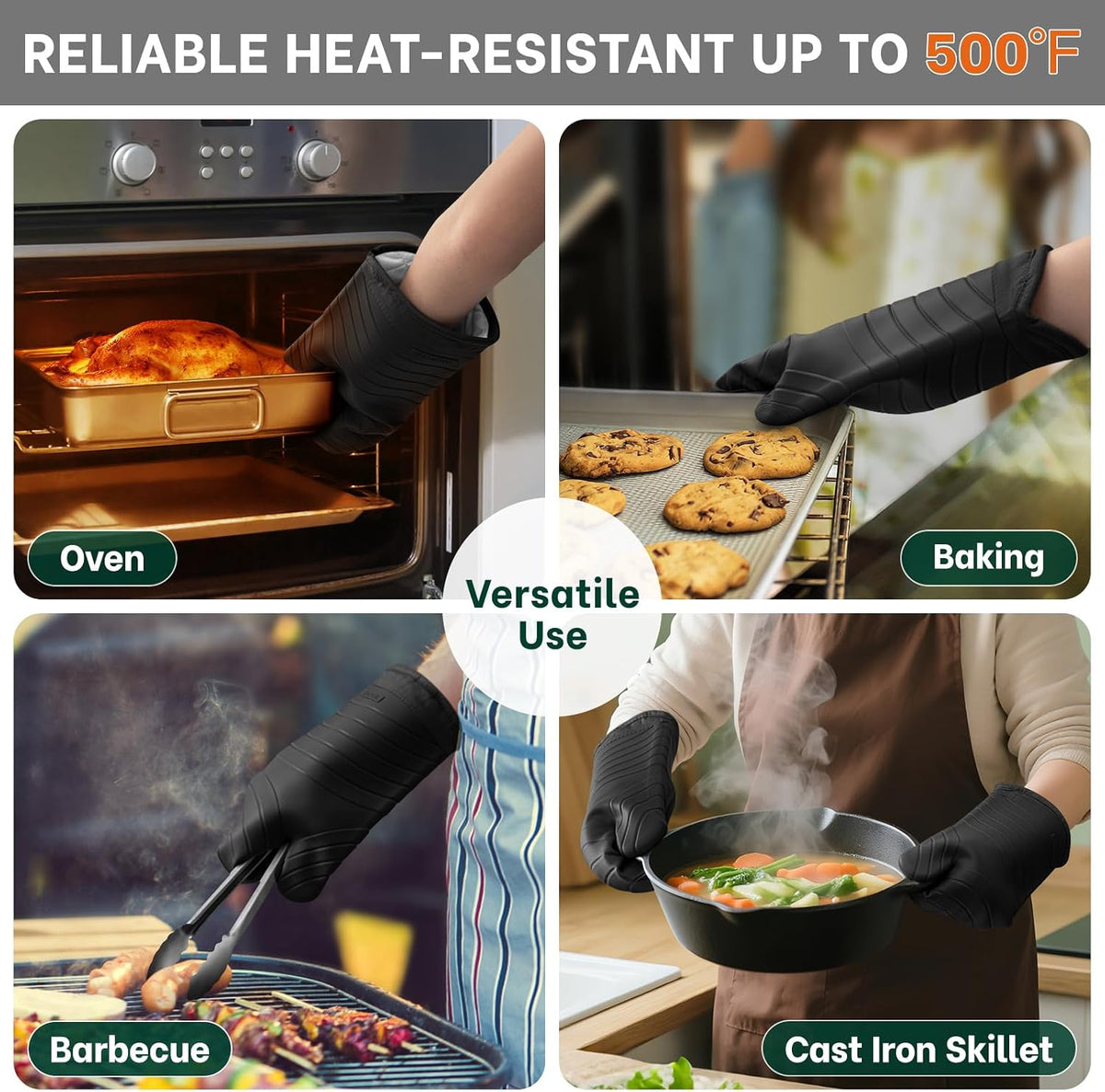 Beneno BPA-Free Silicone Oven Mitt 2-Pack Set, 7"x13", Black | Heat Resistant 500°F Oven Mitts with Non-Slip Grip, Soft Thicker Lining