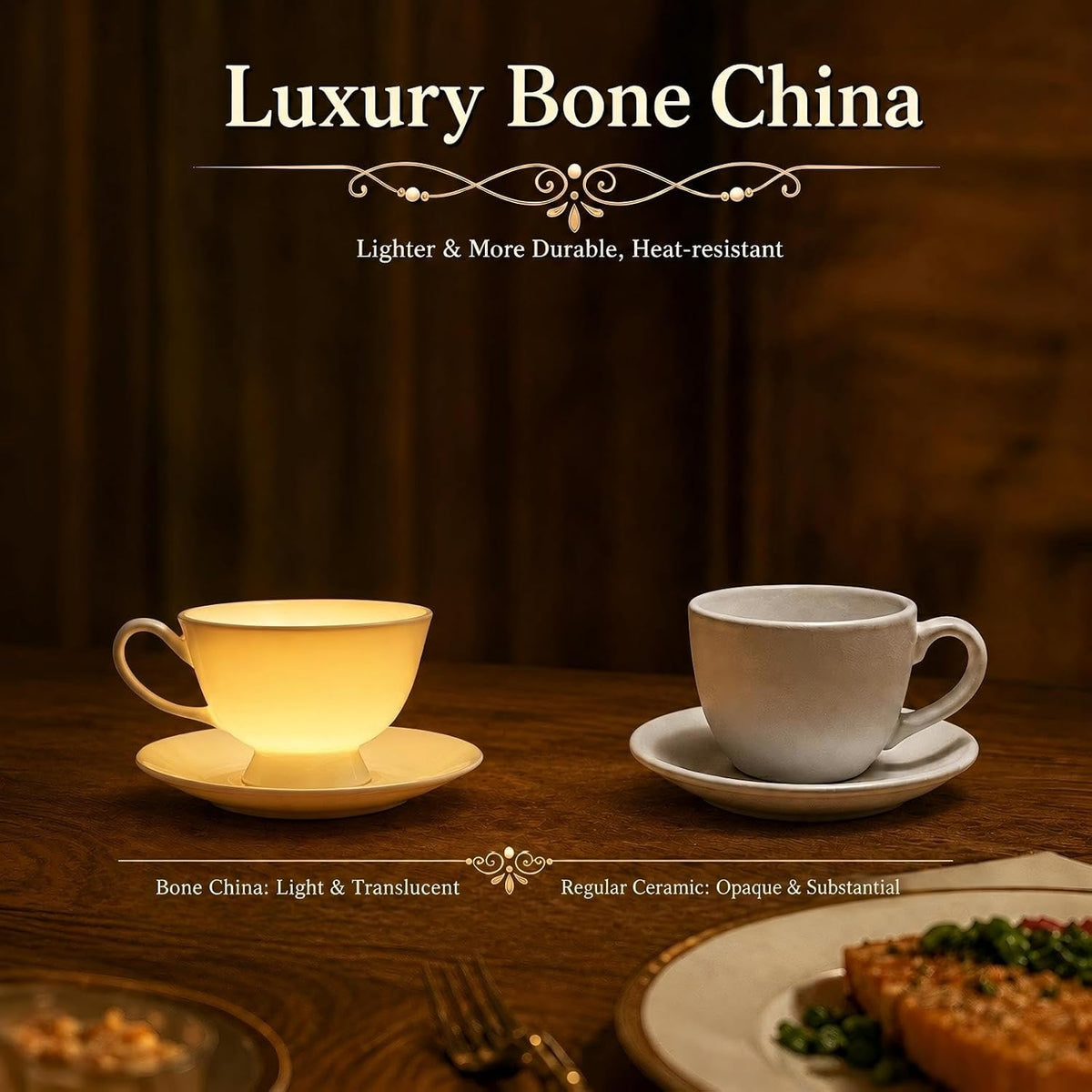 Fine Bone China Espresso Cups and Saucers Set of 4, 5 oz