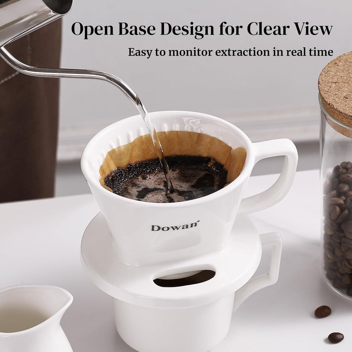 DOWAN Pour Over Coffee Maker, Non-Electric Pour Over Coffee Dripper with Open Base Design, Manual Brew Maker, Single Cups Porcelain Slow Brewing Accessories for Gifts, White